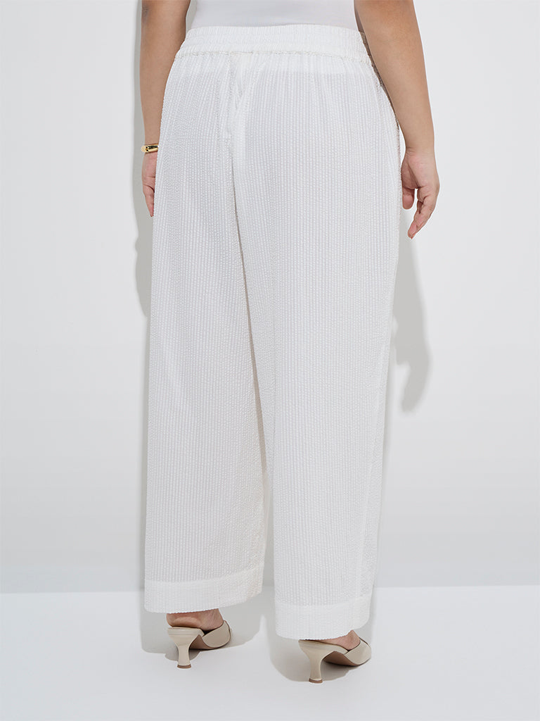 westisde Diza Women's White Seersucker Striped Cotton Ethnic Pants for Work Wear Back View