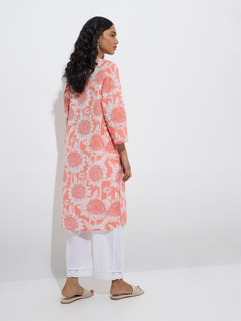 Westside Utsa Women's Coral Floral Design Cotton Straight Kurta for Everyday Back View
