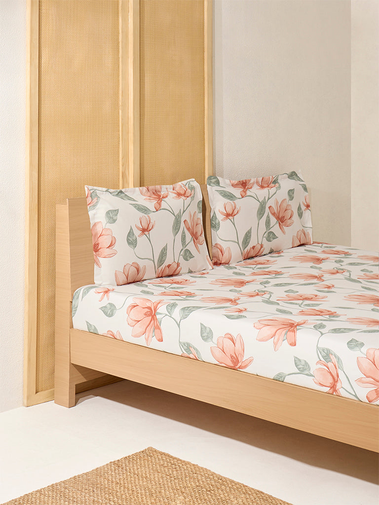 Westside Home Peach Botanical Design Queen Bed Flat Sheet and Pillowcase Set