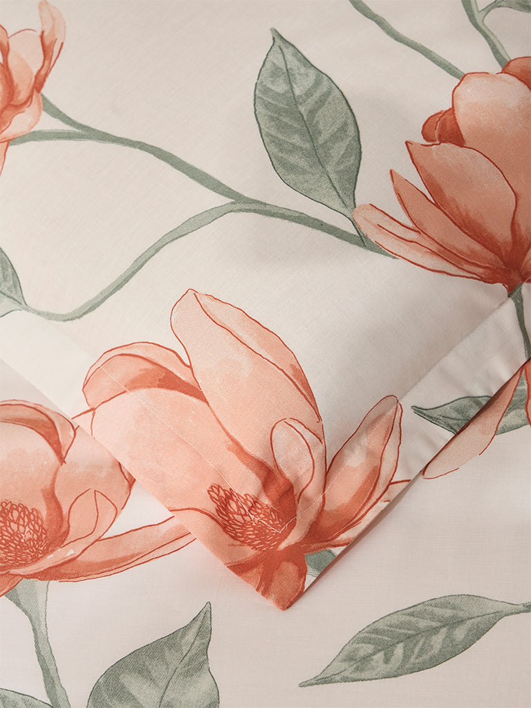 Westside Home Peach Botanical Design Queen Bed Flat Sheet and Pillowcase Set