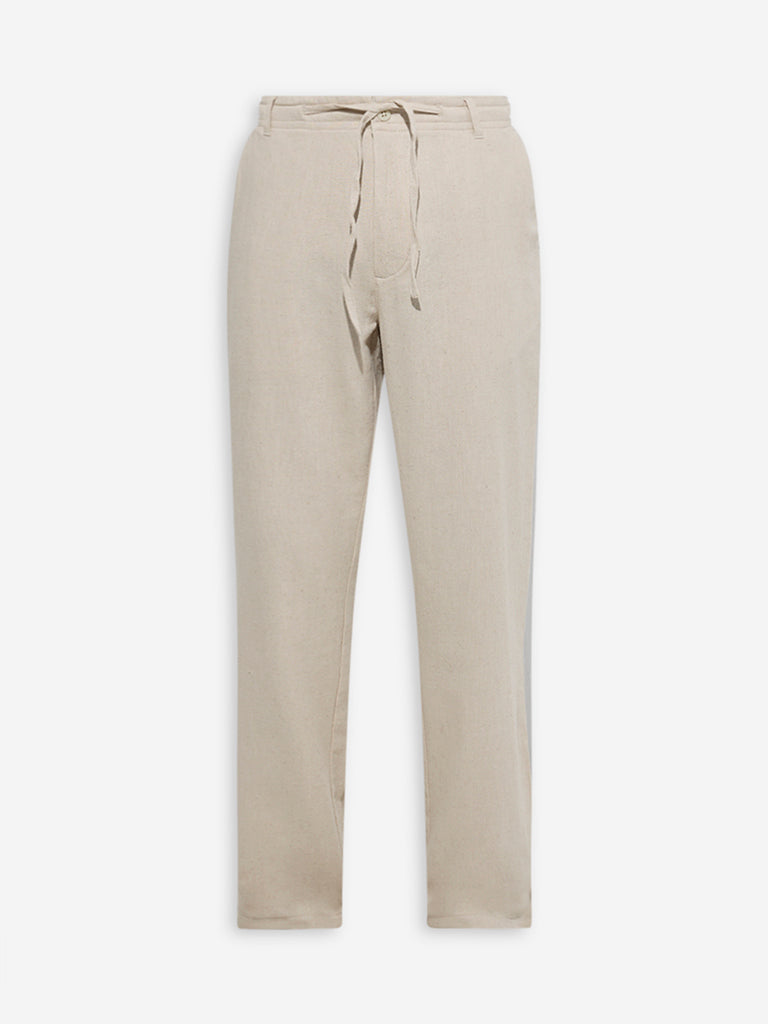 Westside ETA Men's Beige Relaxed-Fit Mid-Rise Cotton-Blend Chinos for Casual Wear Flatly View