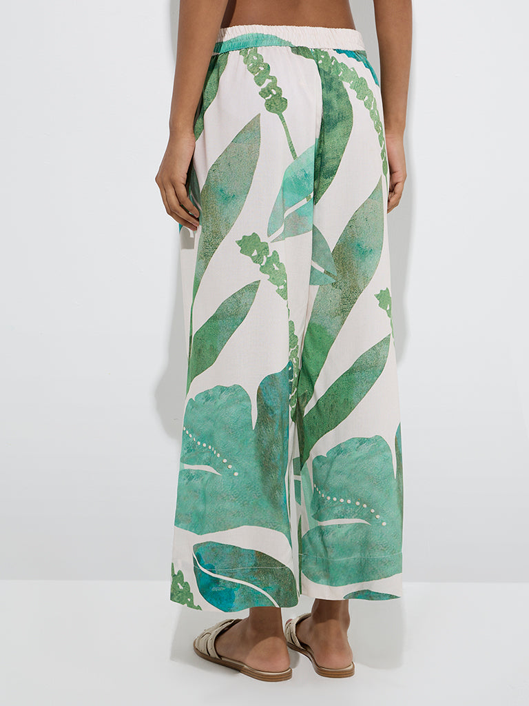 Westside Utsa Women's Green Botanical-Inspired Palazzos for Work Wear Back View