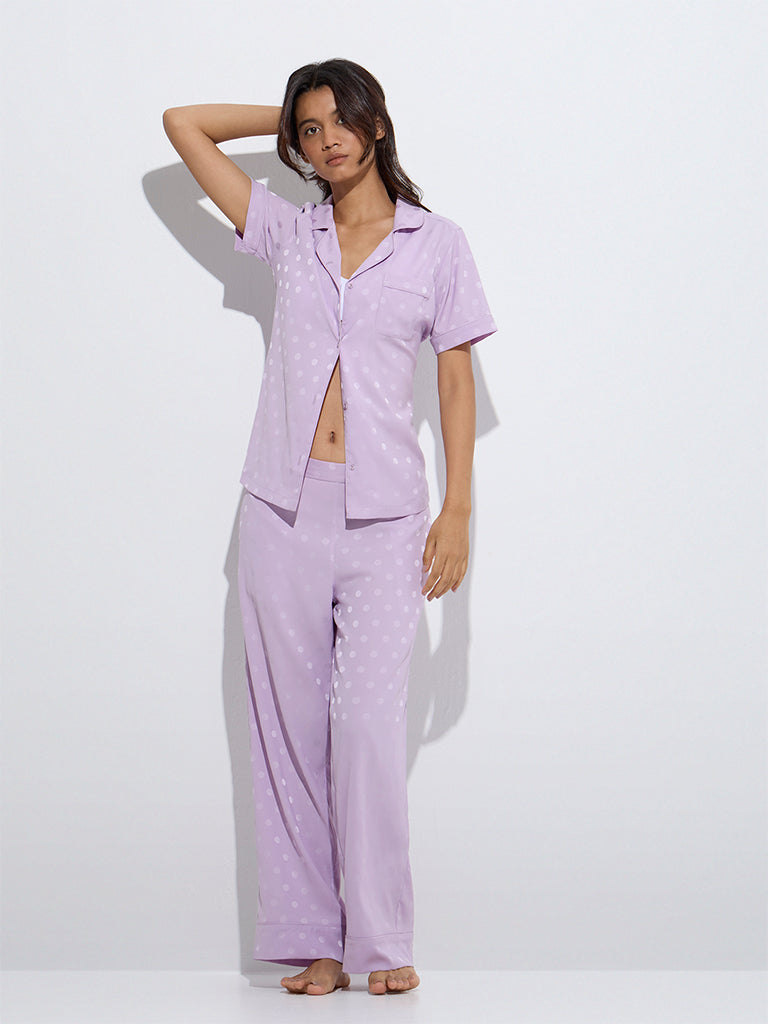 Wunderlove Lavender Polka Dotted Shirt and Pyjamas Set