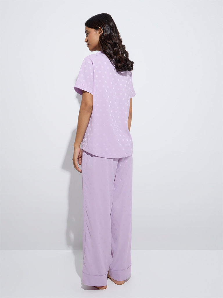 westisde Wunderlove Women's Lavender Polka Dotted Shirt and Pyjamas Set for Casual Wear Back View