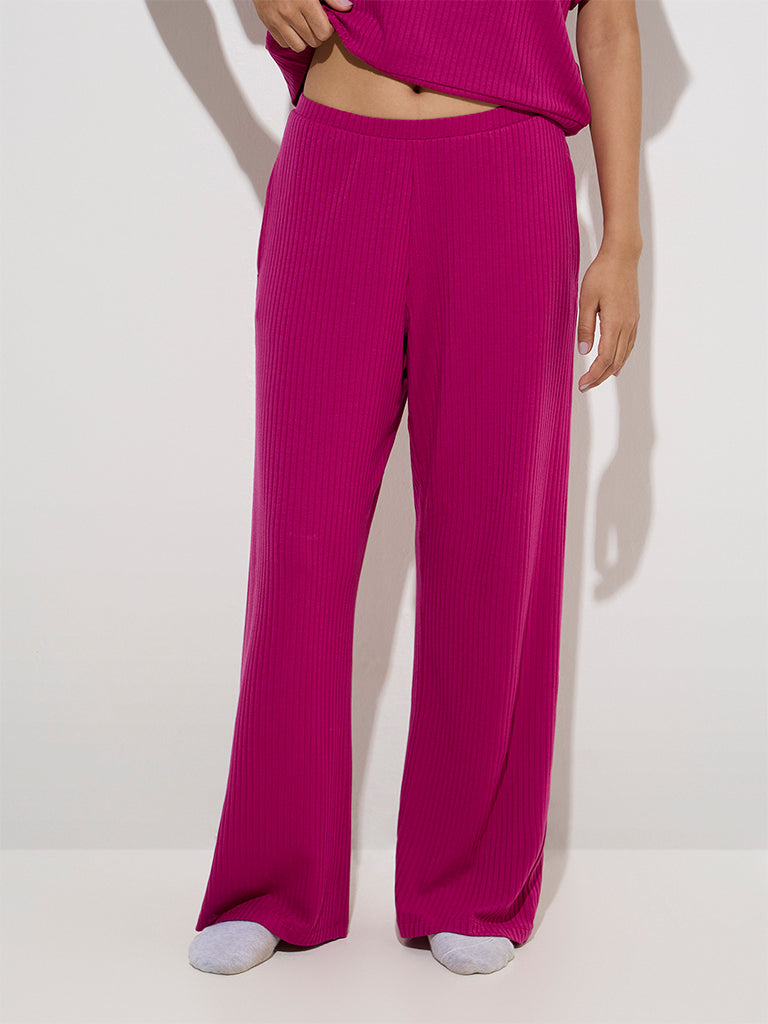 Wunderlove Fuchsia Ribbed-Textured High-Rise Pants