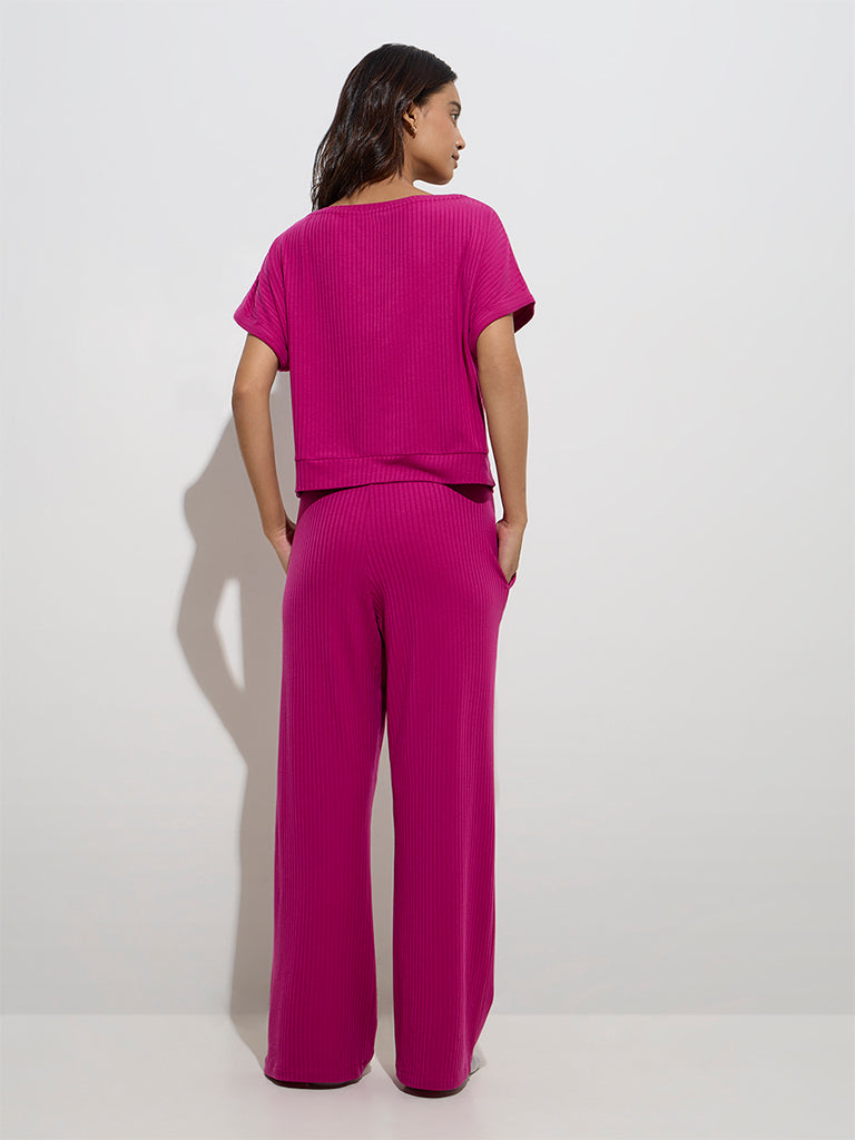 westisde Wunderlove Women's Fuchsia Ribbed-Textured High-Rise Pants for Casual Wear Back View