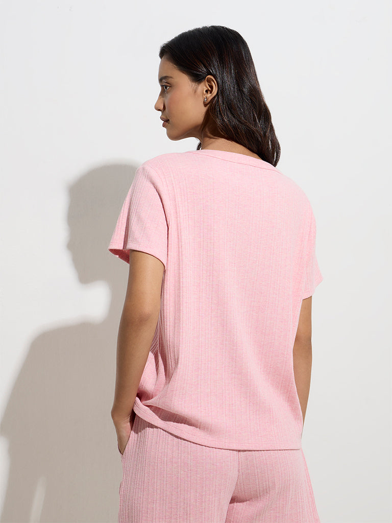 westisde Wunderlove Women's Pink Ribbed-Textured Cotton-Blend Henley Top for Casual Wear Back View