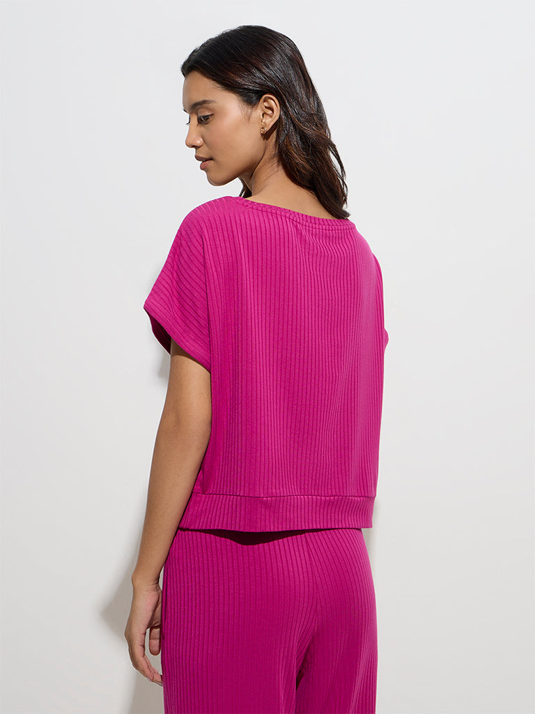 westisde Wunderlove Women's Fuchsia Ribbed-Textured T-Shirt for Casual Wear Back View