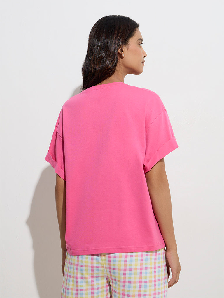 westisde Wunderlove Women's Fuchsia Solid Cotton T-Shirt for Casual Wear Back View