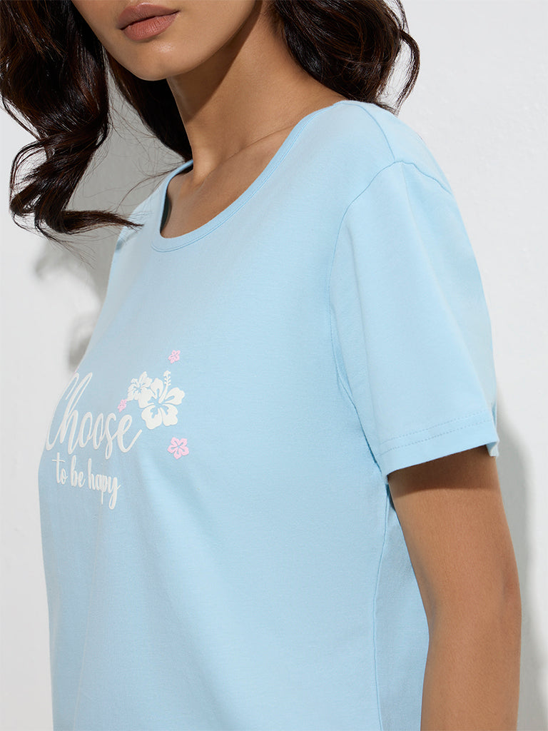 Wunderlove Light Blue Text Design Cotton T-Shirt