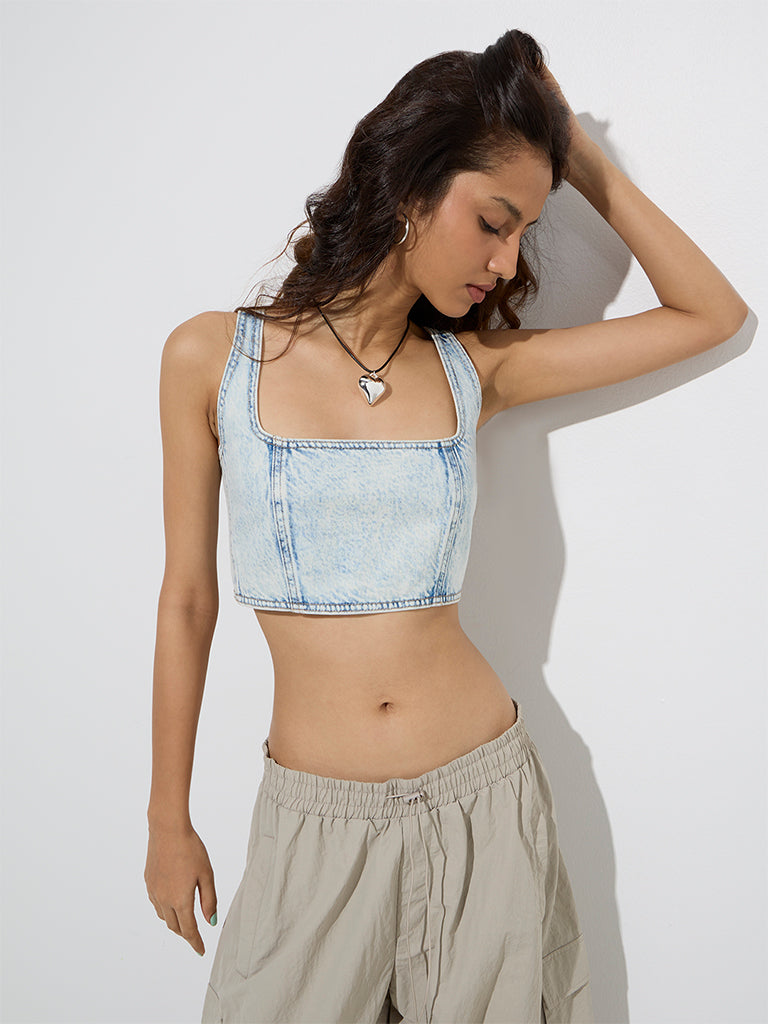 Westside Nuon Women's Light Blue Denim Crop Top for Casual Wear Full Model View