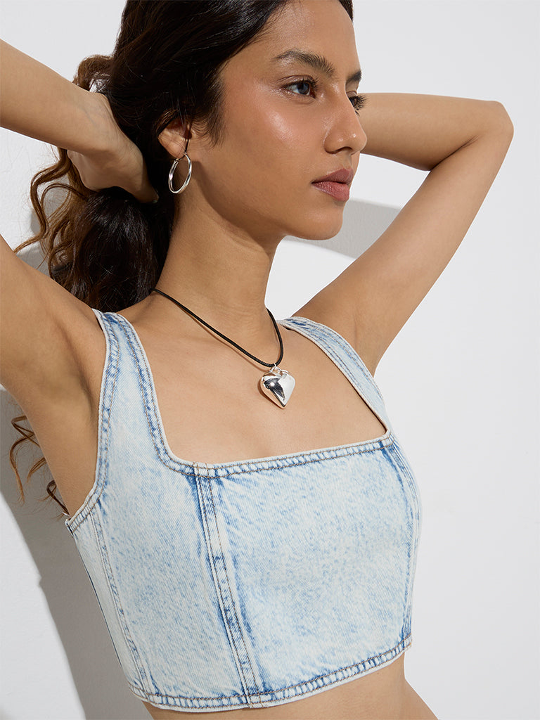 Westside Nuon Women's Light Blue Denim Crop Top for Casual Wear Zoom View