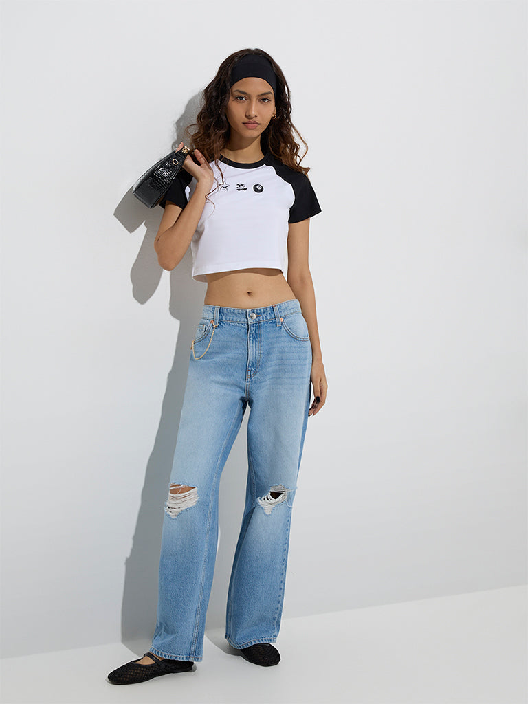 Westside Nuon Women's Light Blue Distressed Relaxed-Fit High-Rise Jeans for Casual Wear Full Model View