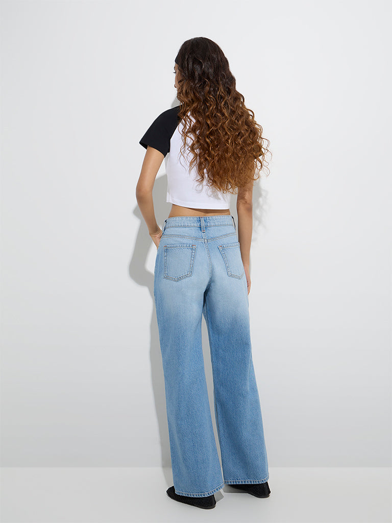 Westside Nuon Women's Light Blue Distressed Relaxed-Fit High-Rise Jeans for Casual Wear Back View