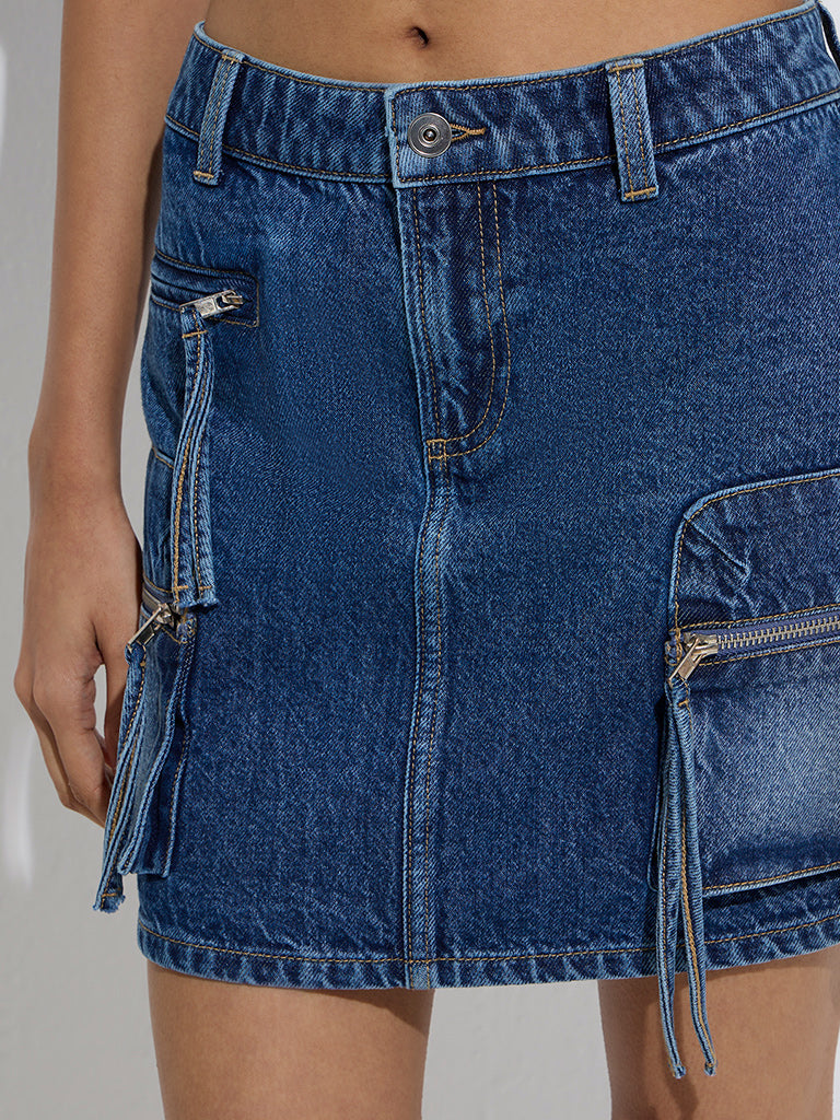Nuon Dark Blue Faded High-Rise Denim Skirt
