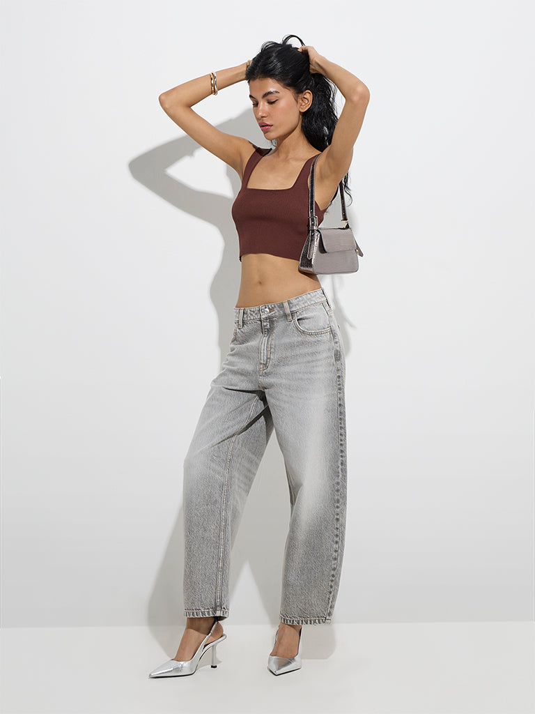 Nuon Brown Ribbed-Textured Tank Top