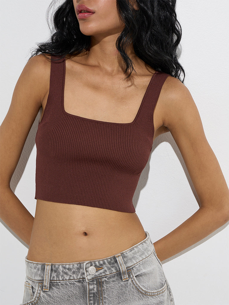 Nuon Brown Ribbed-Textured Tank Top
