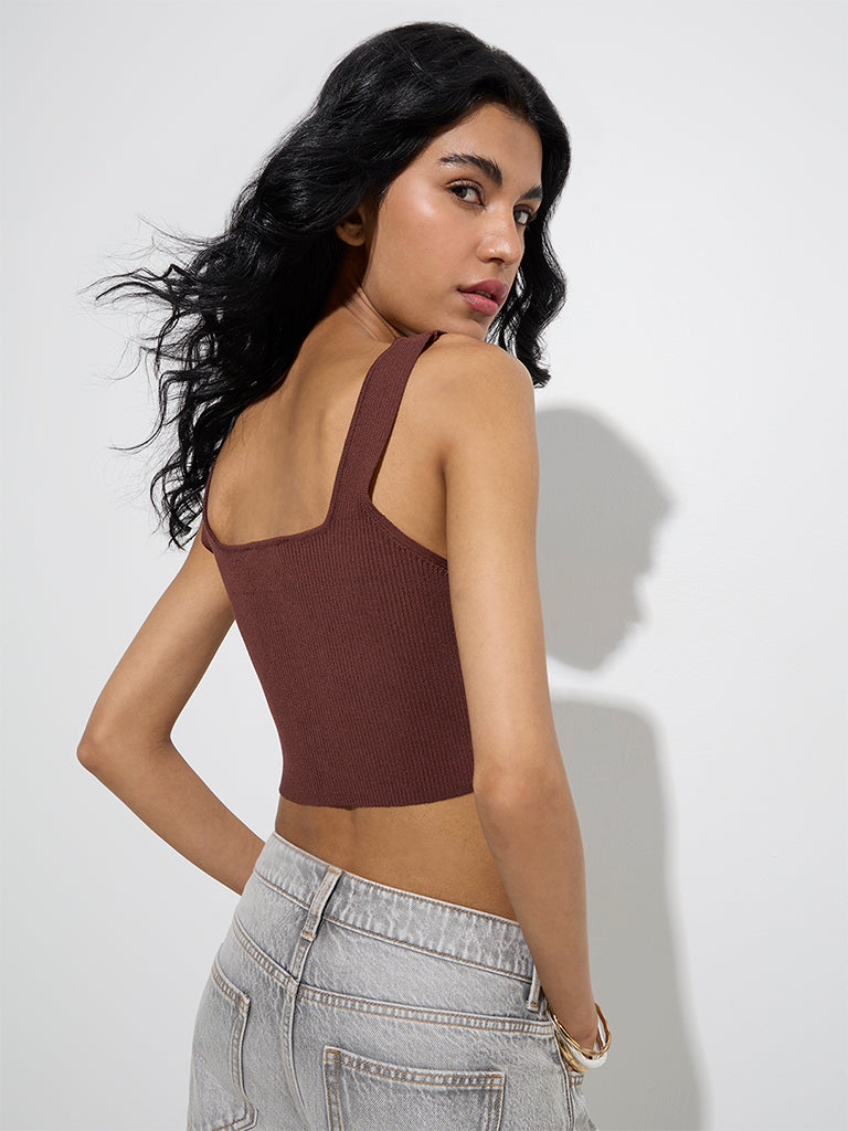 Nuon Brown Ribbed-Textured Tank Top