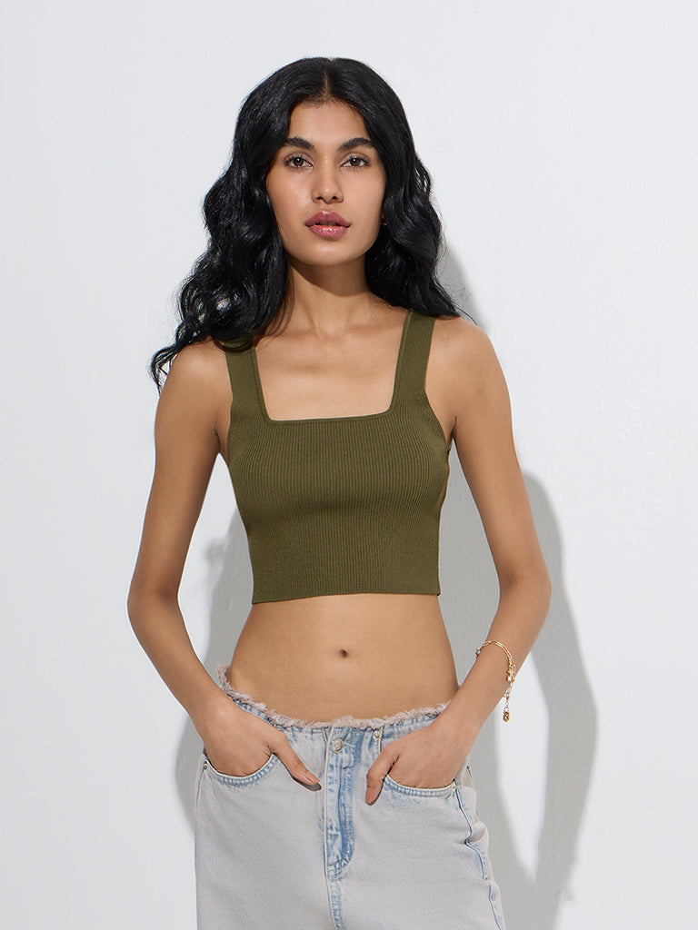 Nuon Olive Ribbed-Textured Top