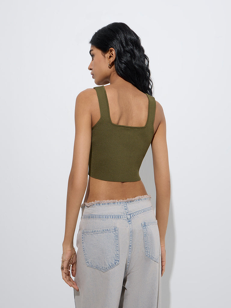 Nuon Olive Ribbed-Textured Top