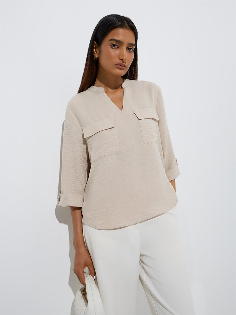 Westside Wardrobe Women's Beige Crinkle-Textured Blouse for Work Wear Front View