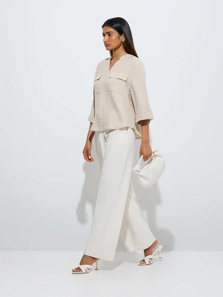 Westside Wardrobe Women's Beige Crinkle-Textured Blouse for Work Wear Full View