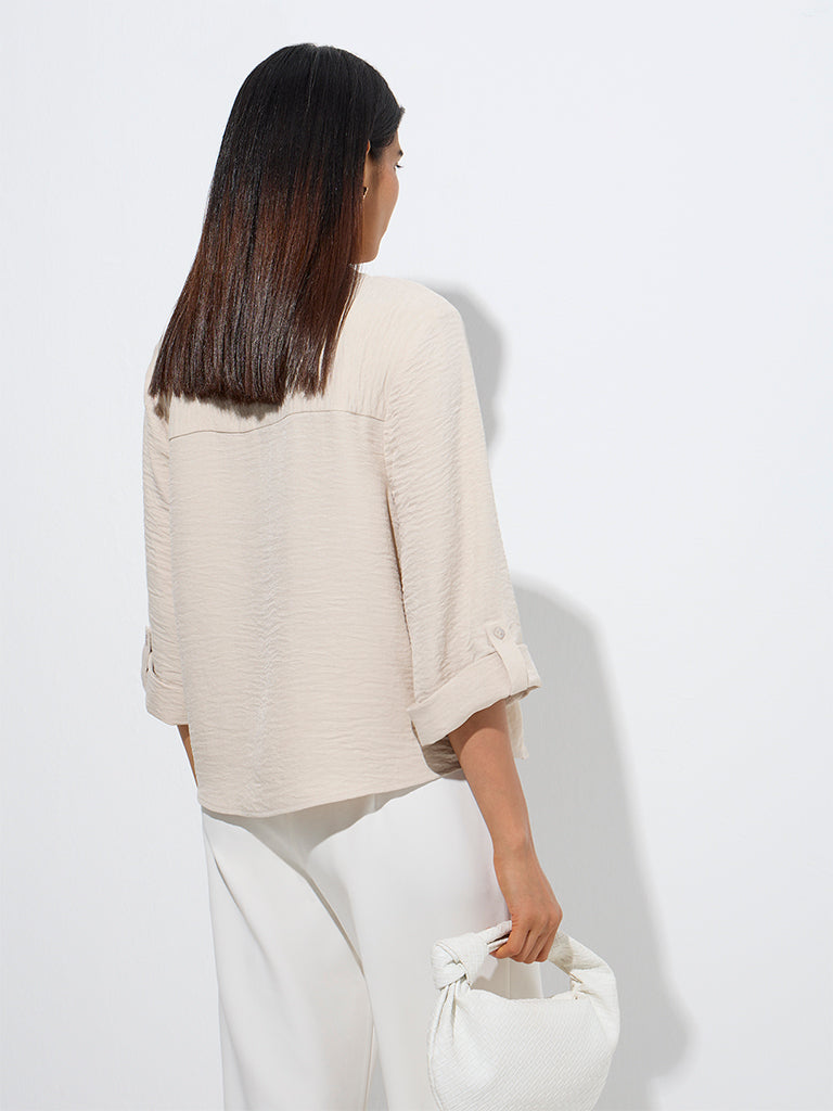 Westside Wardrobe Women's Beige Crinkle-Textured Blouse for Work Wear Back View