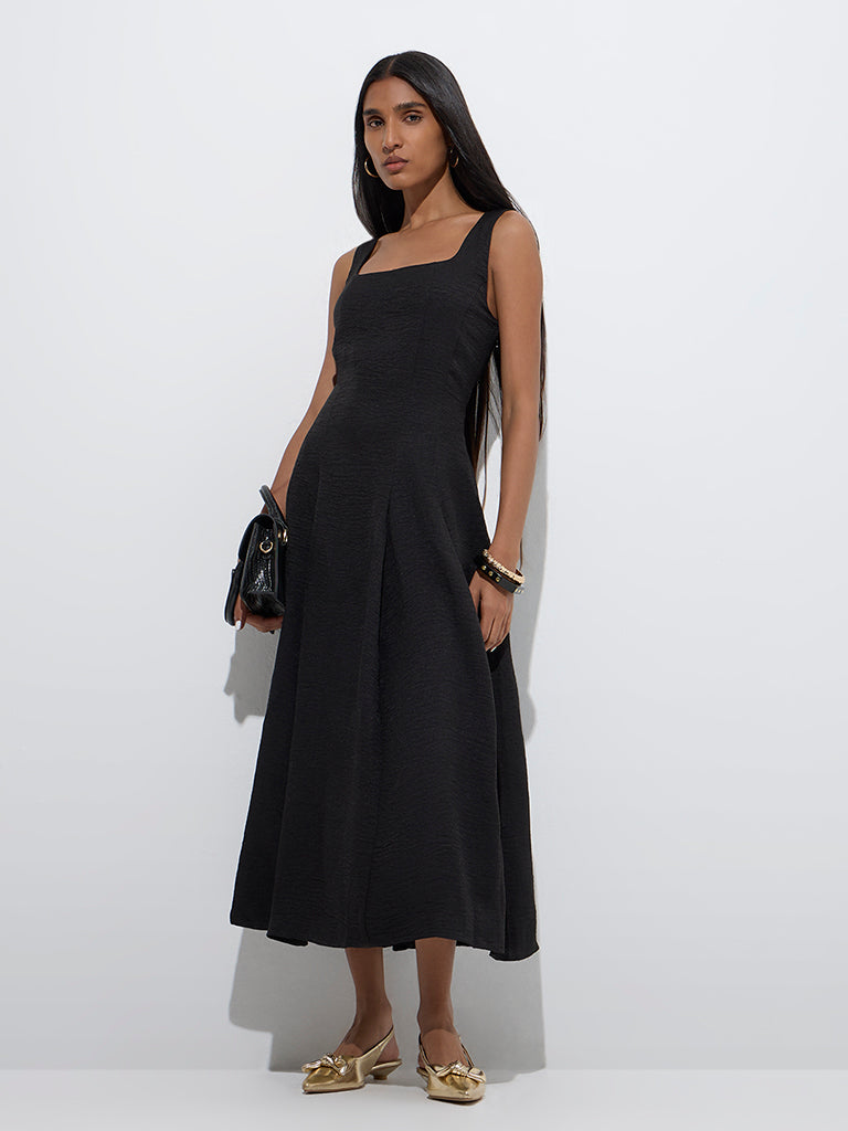 Westside Wardrobe Women's Black Solid A-Line Dress for Work Wear Full View