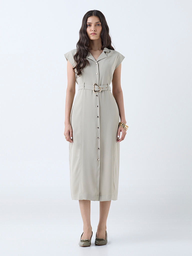 Westside Wardrobe Women's Beige Solid Shirt Dress with Belt for Work Wear Front View