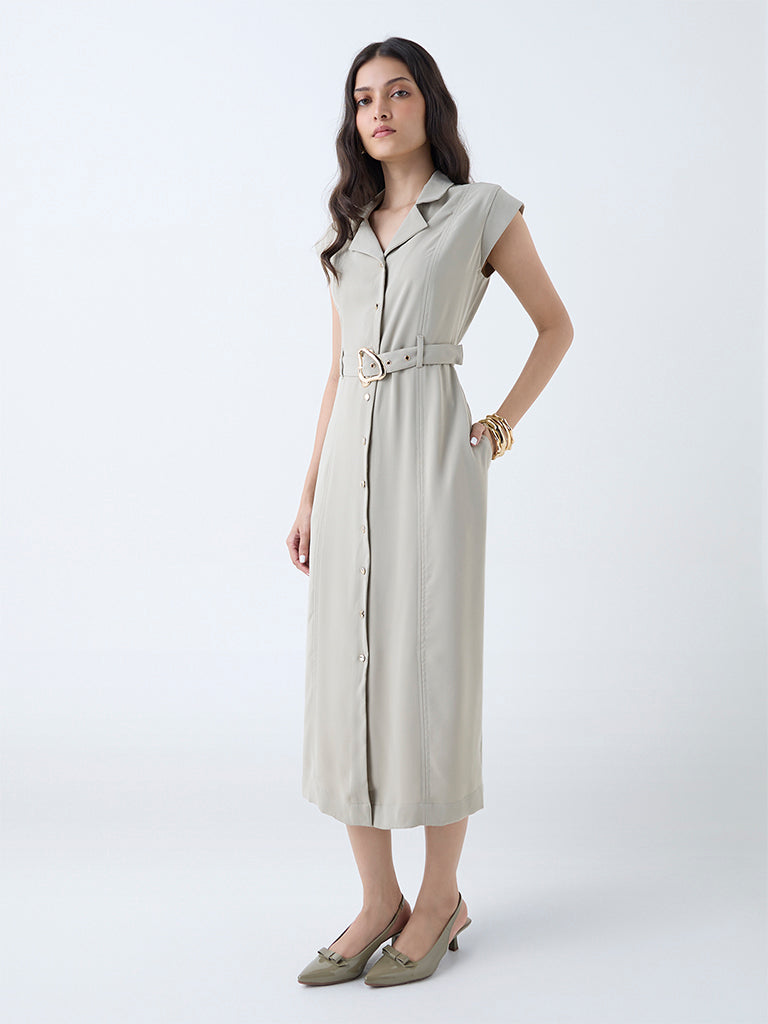 Westside Wardrobe Women's Beige Solid Shirt Dress with Belt for Work Wear Full View