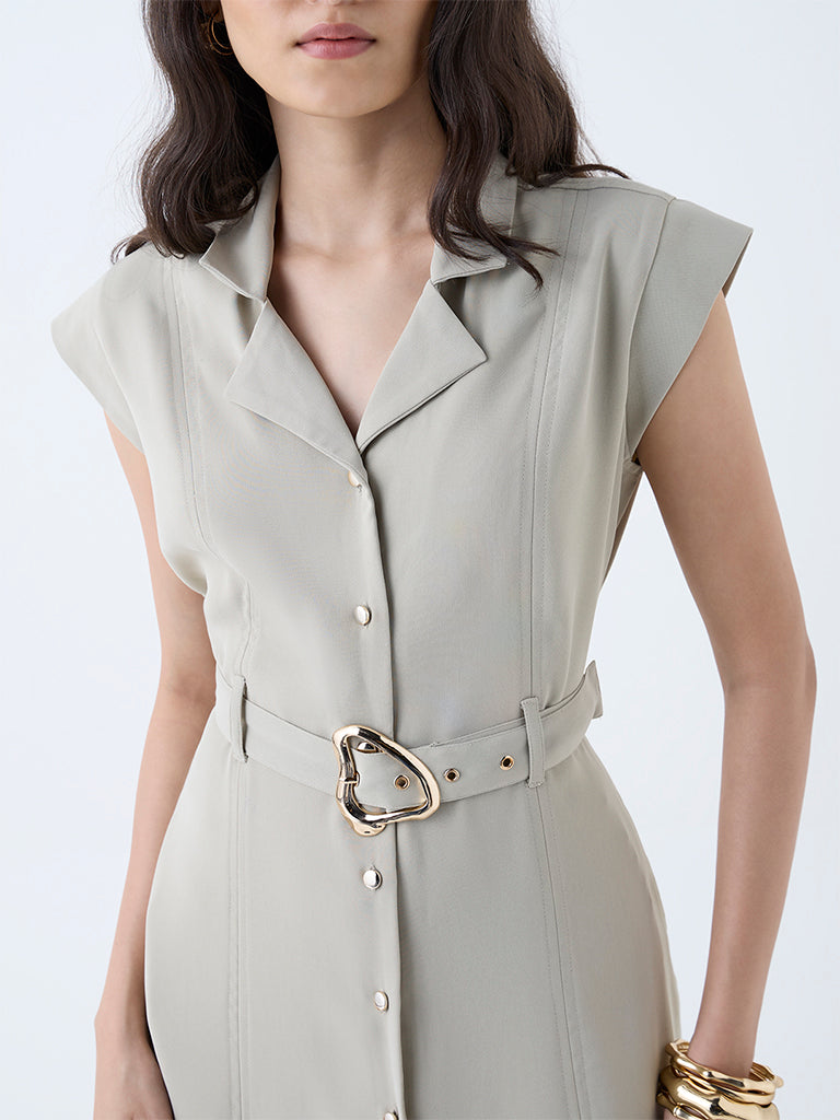 Westside Wardrobe Women's Beige Solid Shirt Dress with Belt for Work Wear Zoomed View
