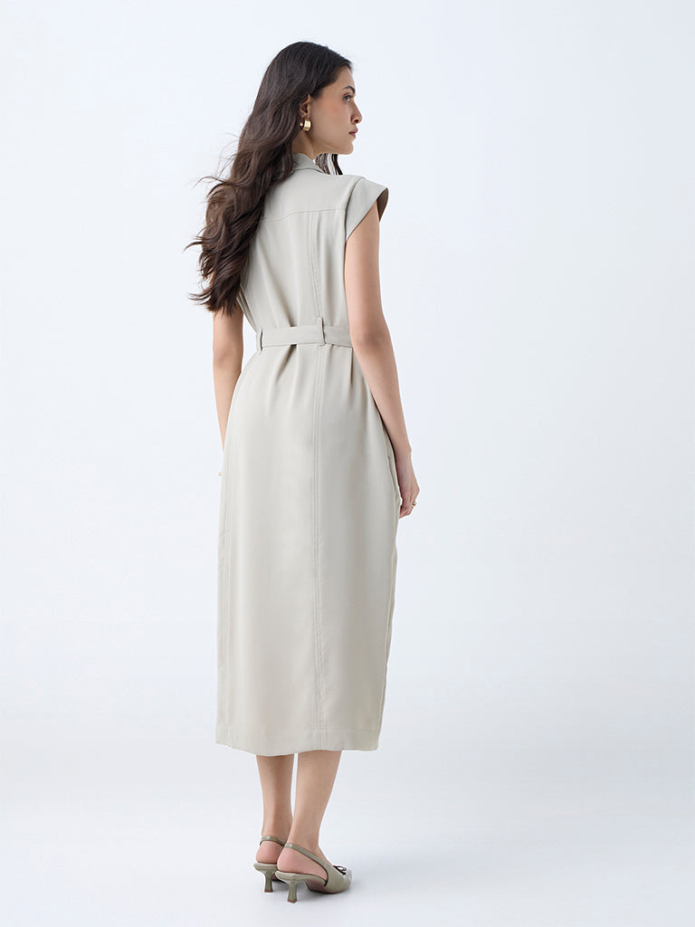 Westside Wardrobe Women's Beige Solid Shirt Dress with Belt for Work Wear Back View