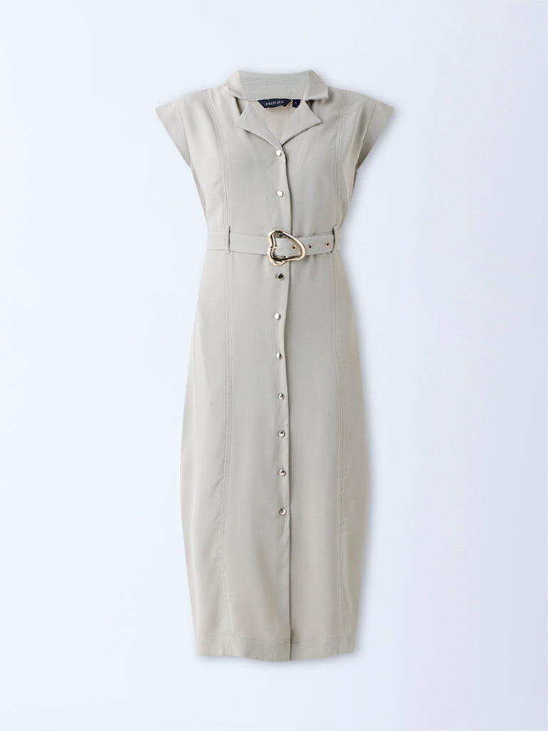 Westside Wardrobe Women's Beige Solid Shirt Dress with Belt for Work Wear Flatly