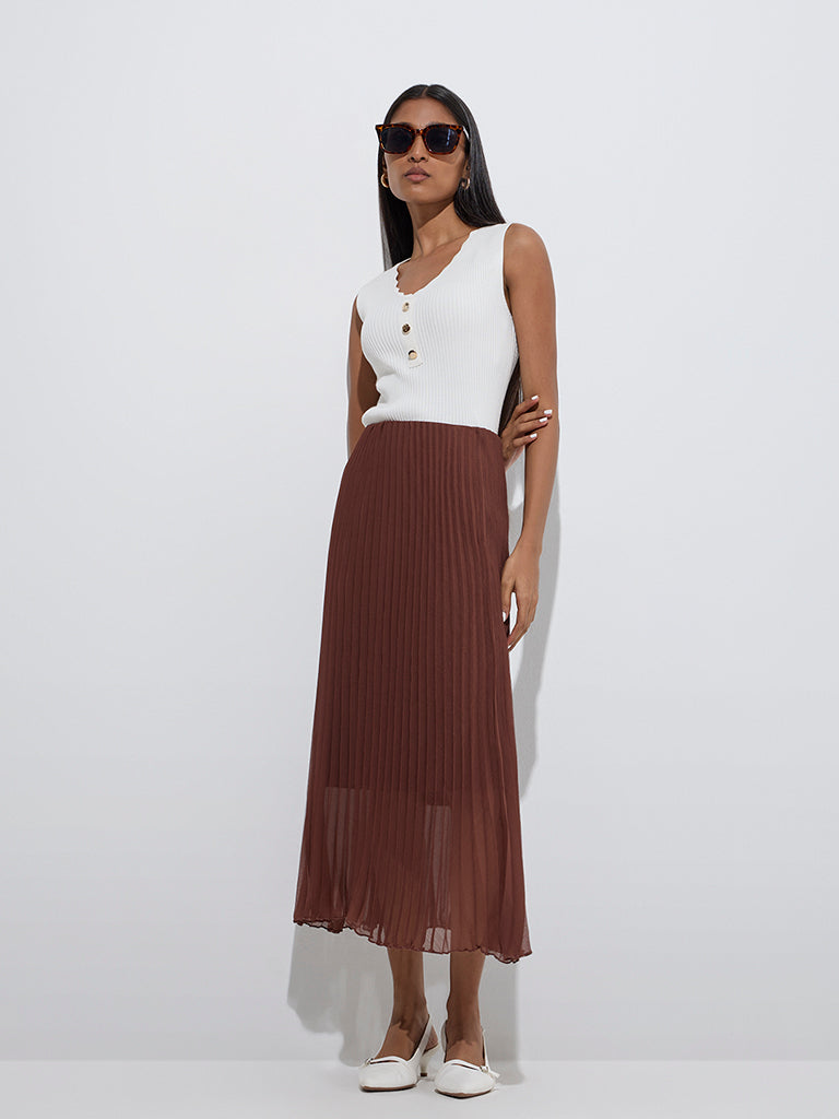 Westside Wardrobe Women's Brown Accordion Pleated High-Rise Skirt for Work Wear Full Model View