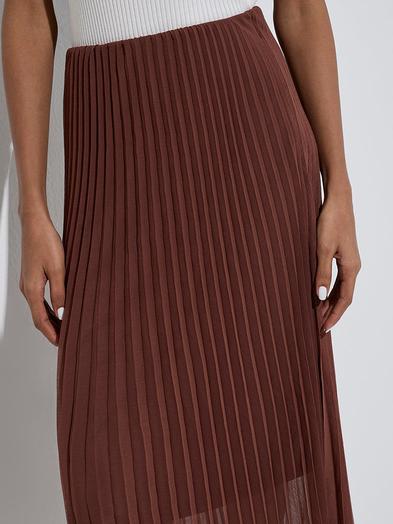 Westside Wardrobe Women's Brown Accordion Pleated High-Rise Skirt for Work Wear Zoom View