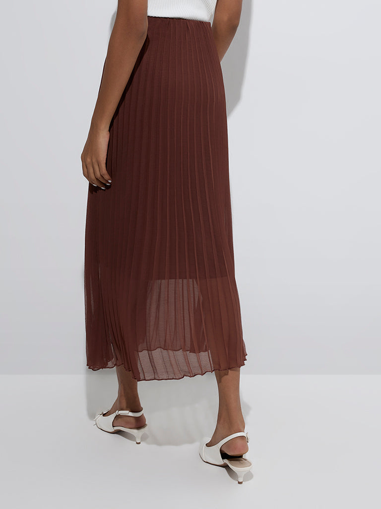 Westside Wardrobe Women's Brown Accordion Pleated High-Rise Skirt for Work Wear Back View