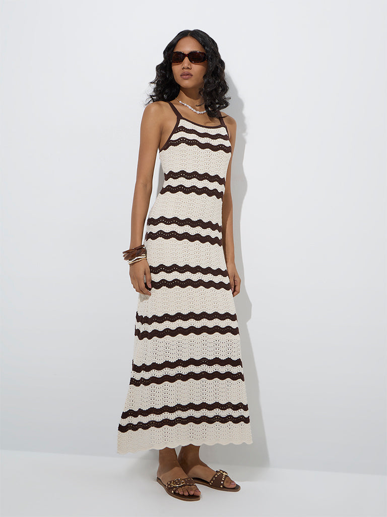Westside LOV Women's Off-White Knit-Textured Cotton-Blend Straight Dress for Casual Wear Front View