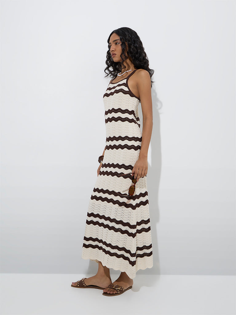 Westside LOV Women's Off-White Knit-Textured Cotton-Blend Straight Dress for Casual Wear Front View