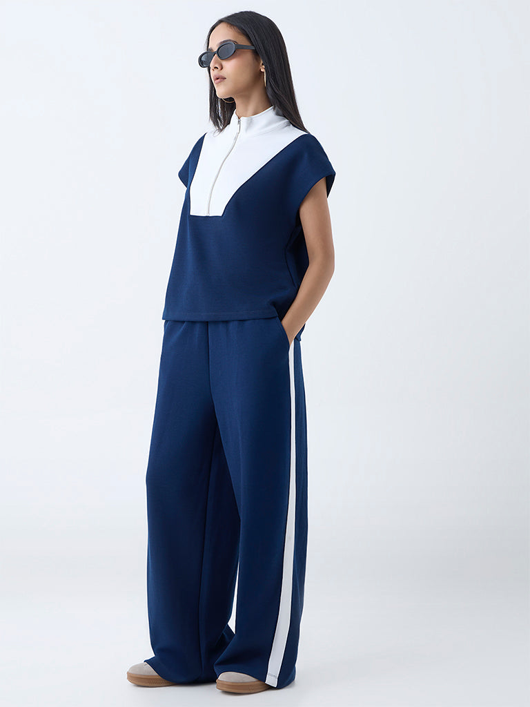 Westside LOV Women's Navy Stripe High-Rise Track Pants for Casual Wear Full View