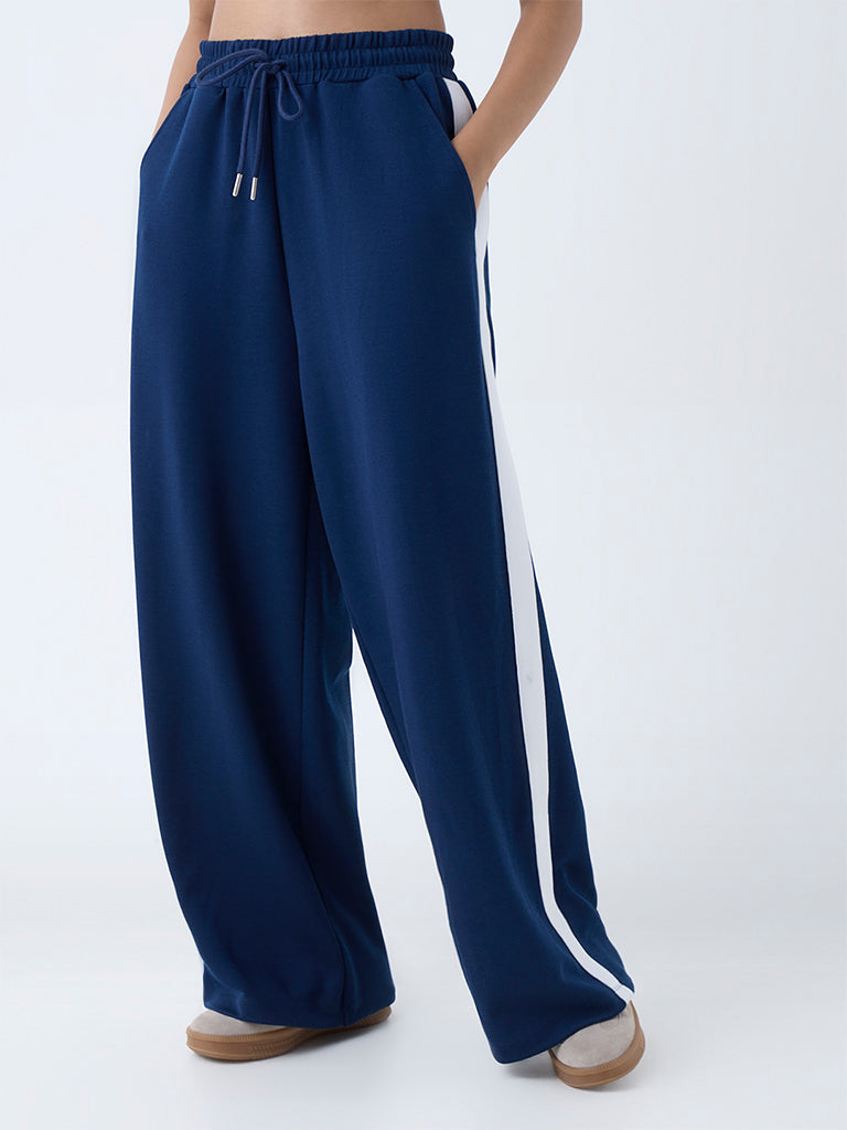 Westside LOV Women's Navy Stripe High-Rise Track Pants for Casual Wear Front View