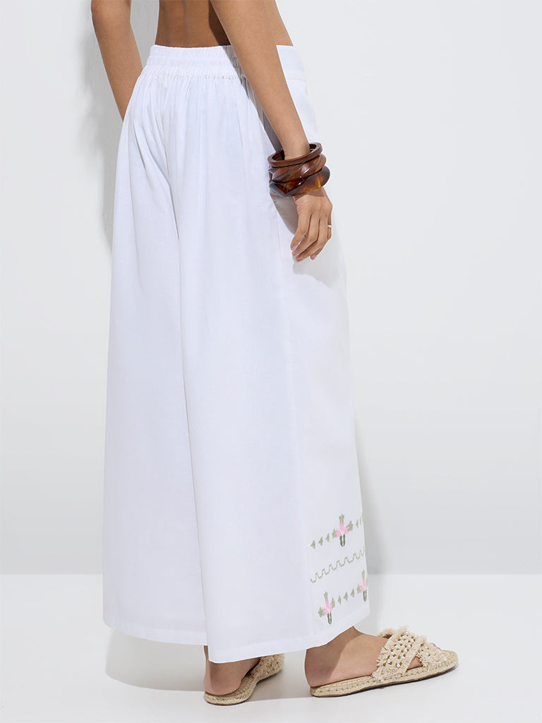 Westside Bombay Paisley Women's White Embroidered Cotton-Blend Palazzos for Everyday Back View