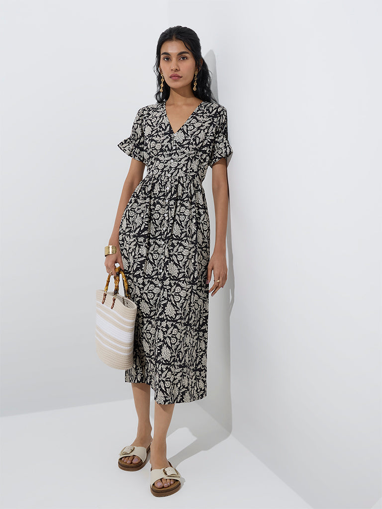 Westside Bombay Paisley Women's Black Botanical Design Cotton A-Line Dress for Everyday Front View