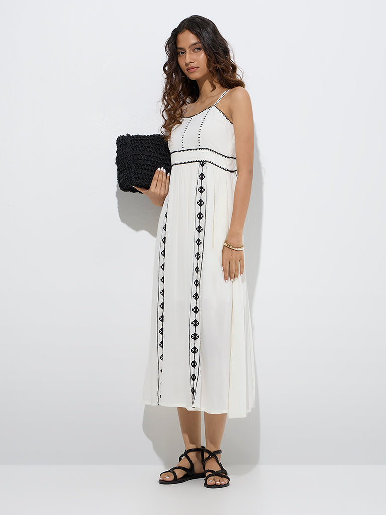 Westside Bombay Paisley Women's White Embroidered Cotton-Blend A-Line Dress for Everyday Full Model View