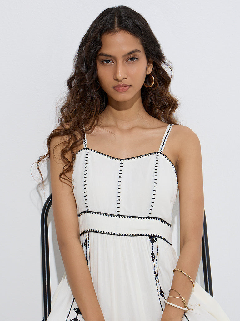 Westside Bombay Paisley Women's White Embroidered Cotton-Blend A-Line Dress for Everyday Zoom View
