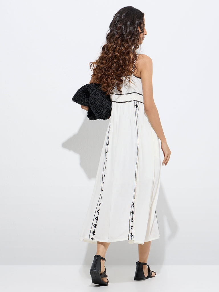 Westside Bombay Paisley Women's White Embroidered Cotton-Blend A-Line Dress for Everyday Back View