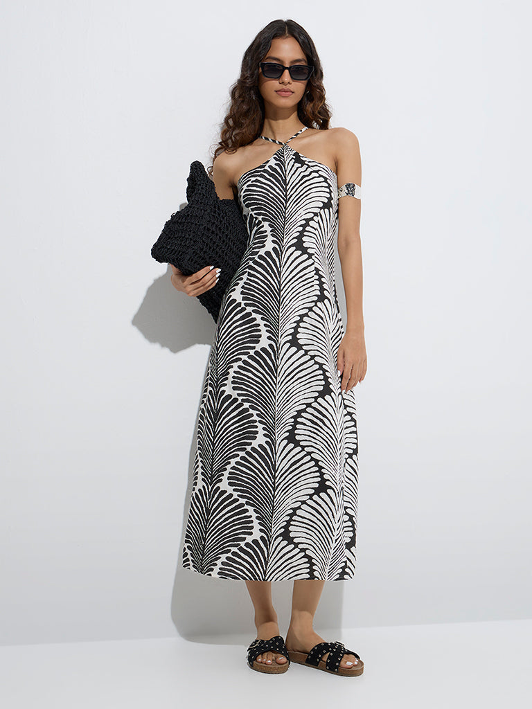 Westside Bombay Paisley Women's Black Leaf Design Cotton A-Line Dress for Everyday Front View