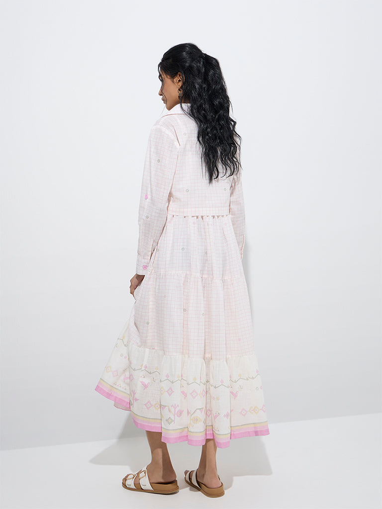 Westside Bombay Paisley Women's Light Pink Cotton Tiered Dress with Jacket for Everyday Back View