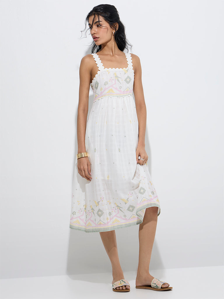 Westside Bombay Paisley Women's White Nature-Inspired Cotton A-Line Dress for Everyday Full Model View