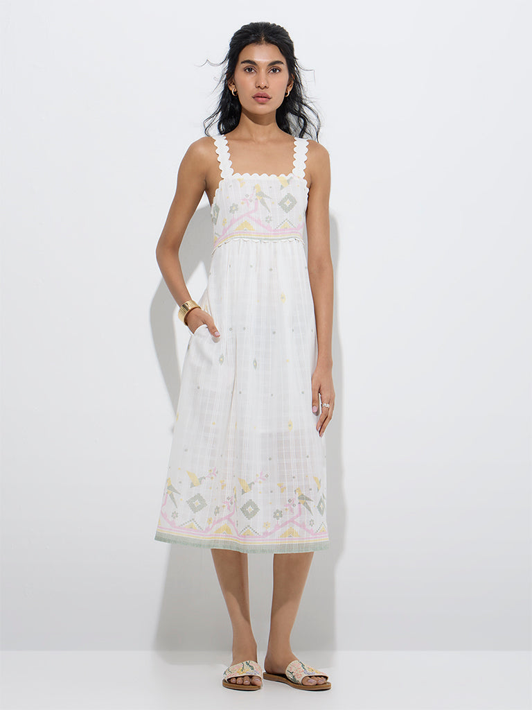 Westside Bombay Paisley Women's White Nature-Inspired Cotton A-Line Dress for Everyday Front View