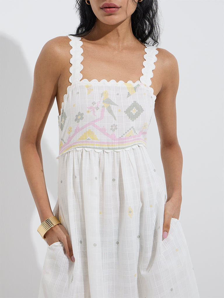 Westside Bombay Paisley Women's White Nature-Inspired Cotton A-Line Dress for Everyday Zoom View